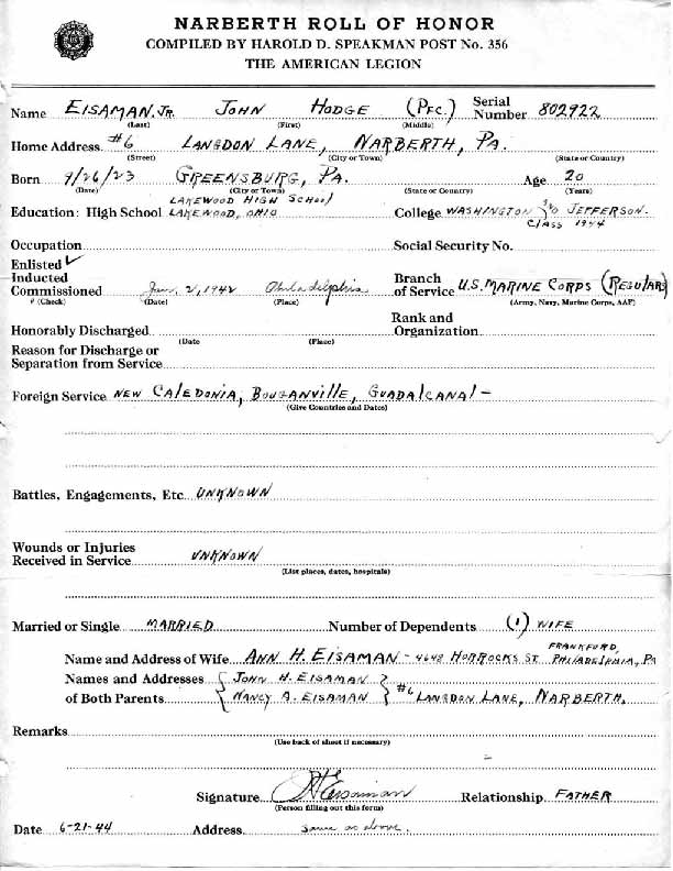 Roll of honor form for John Eisaman