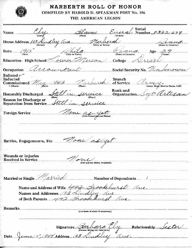 Roll of honor form for Blaine Ely