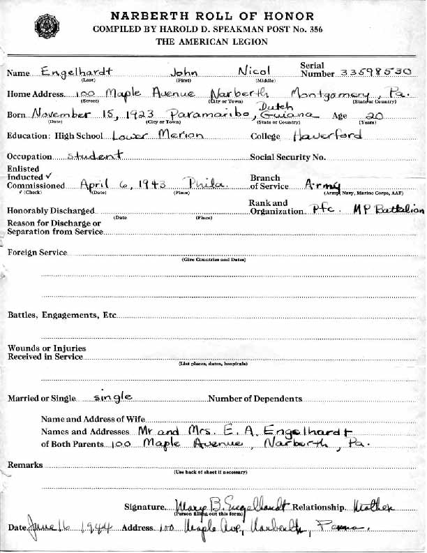 Roll of honor form for John Engelhardt