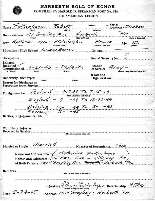 Roll of honor form for Robert Falkenhagen