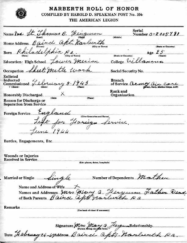Roll of honor form for Thomas Ferguson