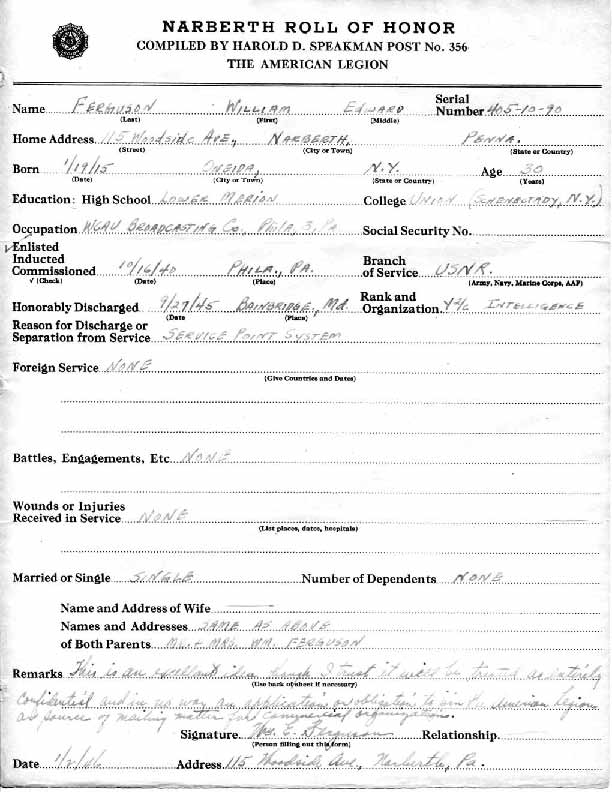 Roll of honor form for William Ferguson