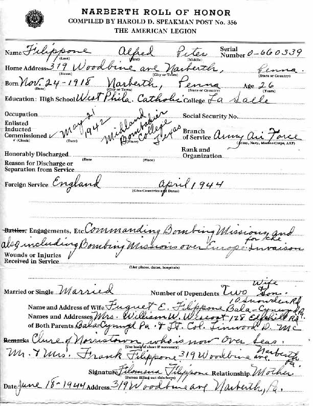 Roll of honor form for Alfred Filippone