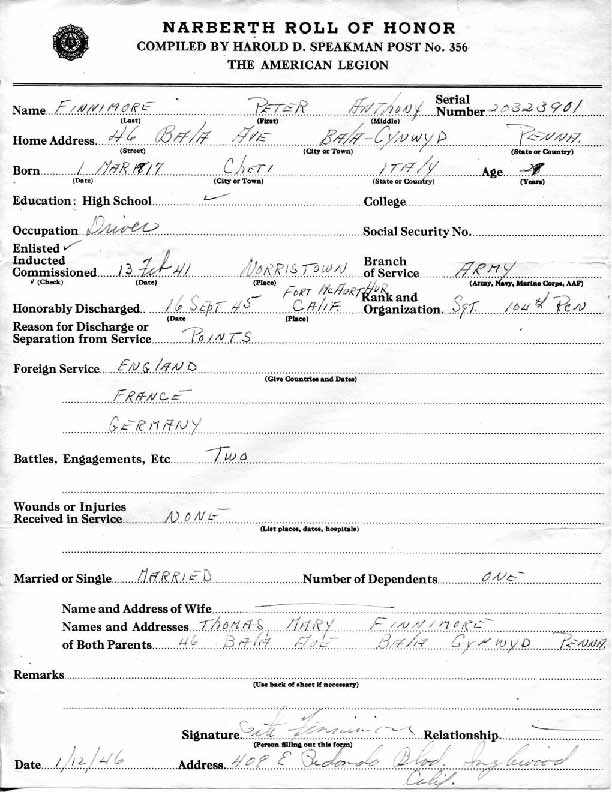 Roll of honor form for Peter Finnimore