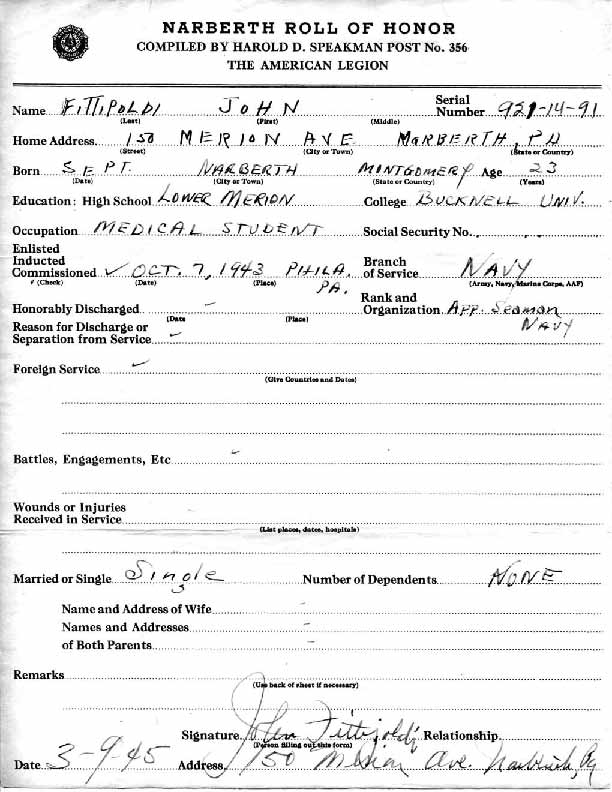 Roll of honor form for John Fittipoldi