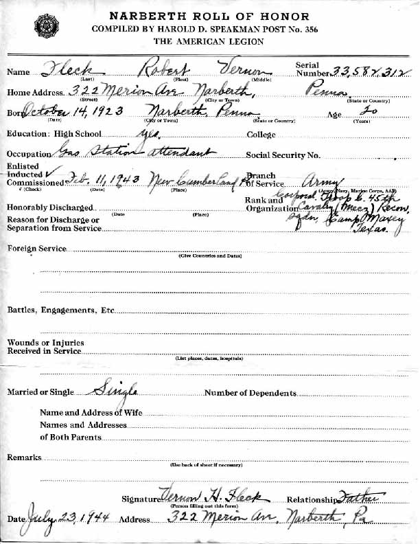 Roll of honor form for Robert Fleck