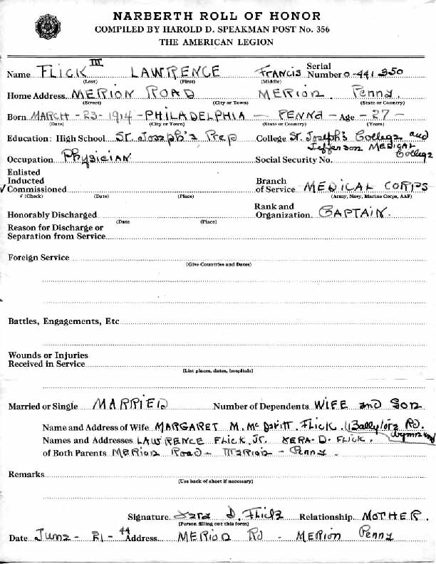 Roll of honor form for Lawrence Flick