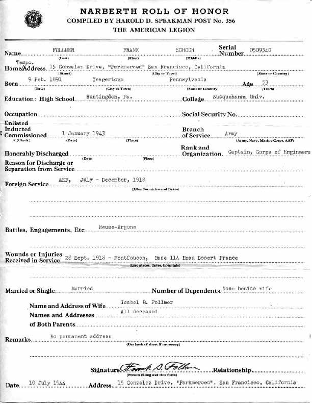 Roll of honor form for Frank Follmer