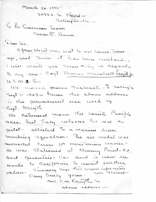 Roll of honor form for Malcolm Forsyth, back of sheet