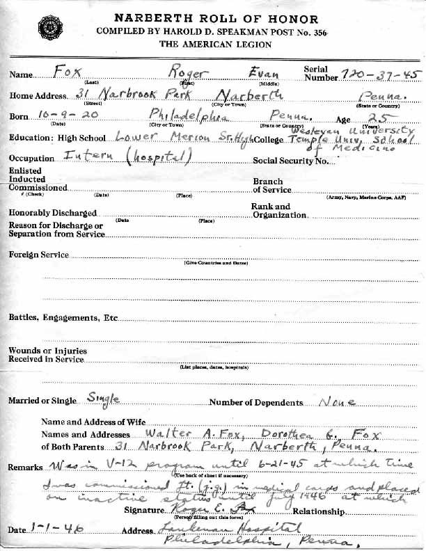 Roll of honor form for Roger Fox, front