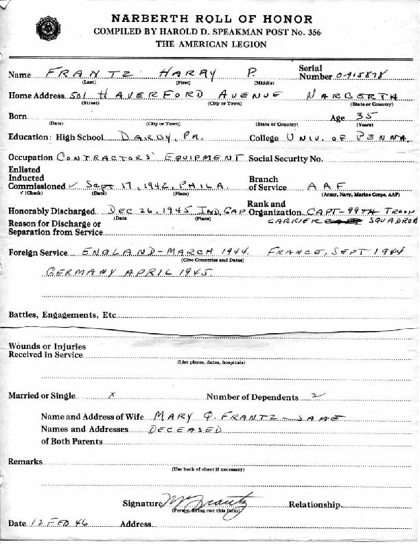 Roll of honor form for Harry Frantz