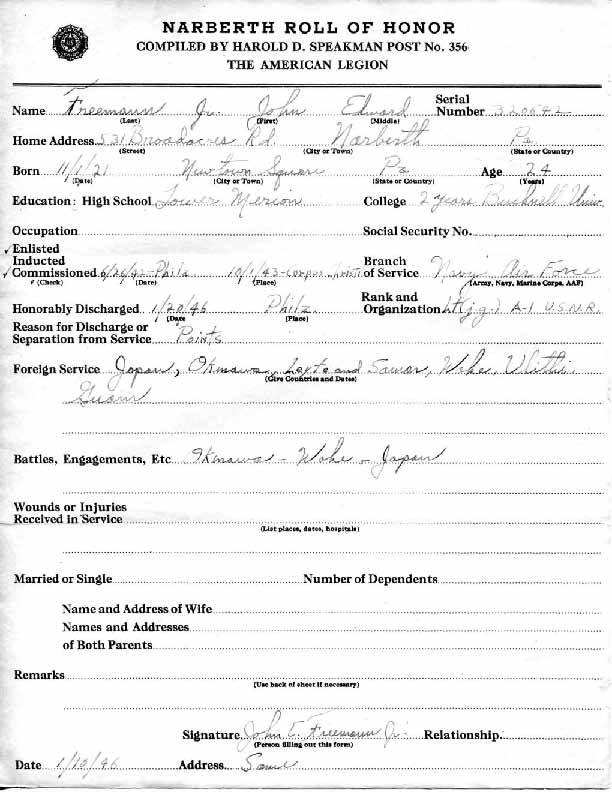Roll of honor form for John Freemann
