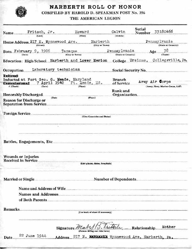 Roll of honor form for Howard Fritsch