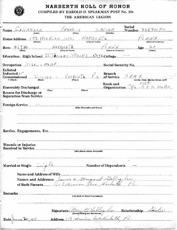 Roll of honor form for Francis Gallagher