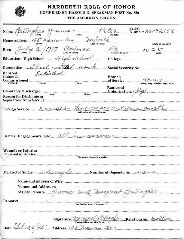 Roll of honor form for James Gallagher