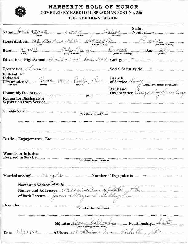 Roll of honor form for Susan Gallagher