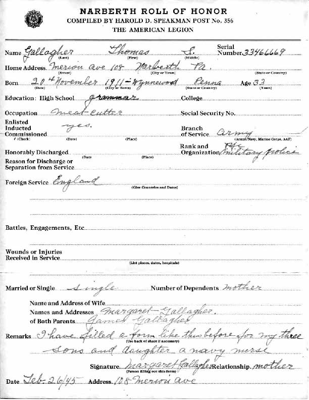 Roll of honor form for Thomas Gallagher