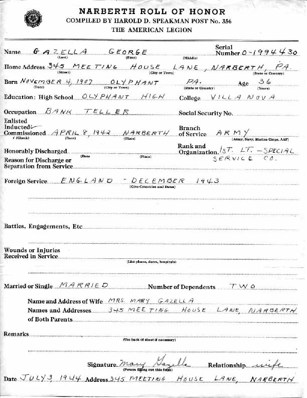 Roll of honor form for George Gazella