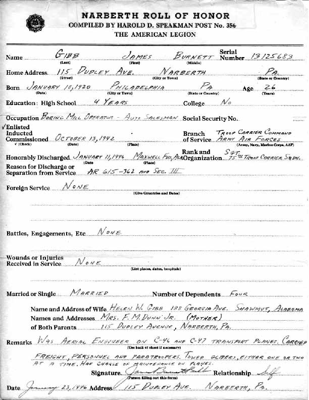 Roll of honor form for James Gibb