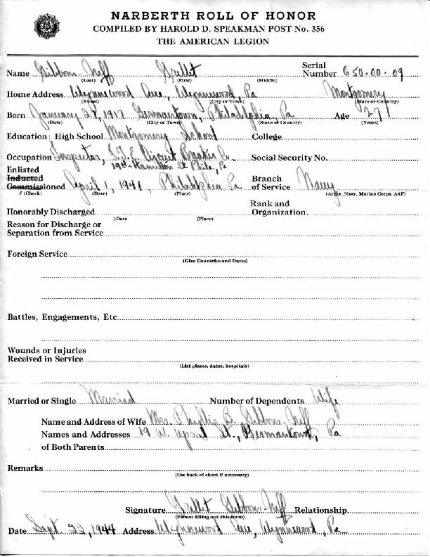 Roll of honor form for Neff Gibbons