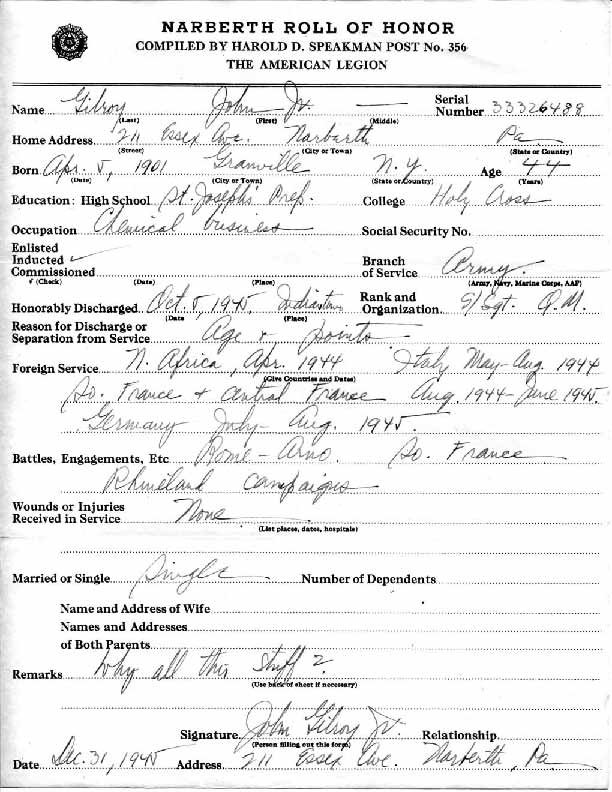 Roll of honor form for John Gilroy