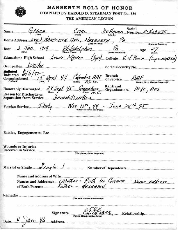 Roll of honor form for Carl Grace