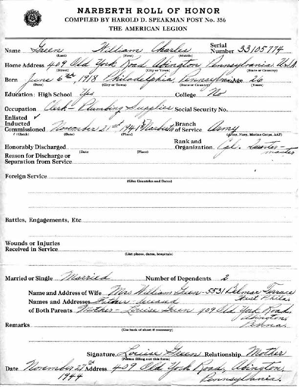 Roll of honor form for William Green