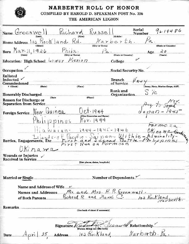 Roll of honor form for Richard Greenwell