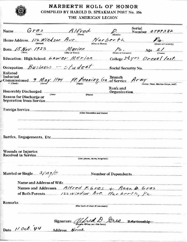 Roll of honor form for Alfred Gres