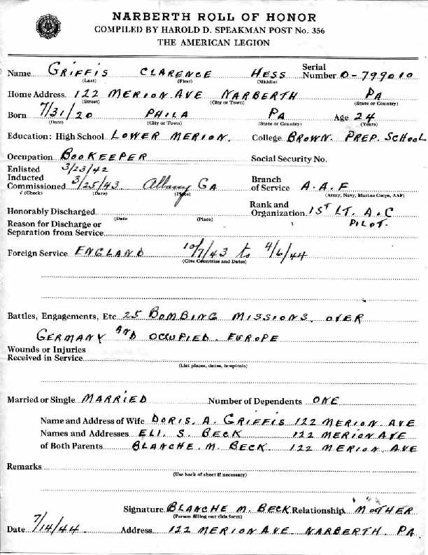 Roll of honor form for Clarence Griffis