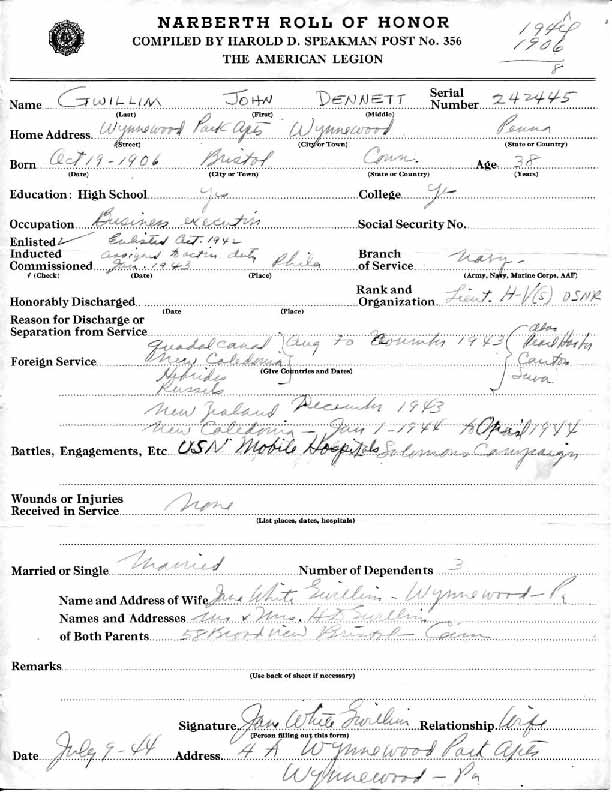 Roll of honor form for John Gwillim