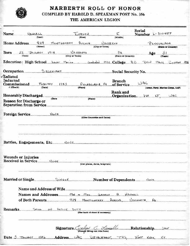 Roll of honor form for Evelyn Hansell
