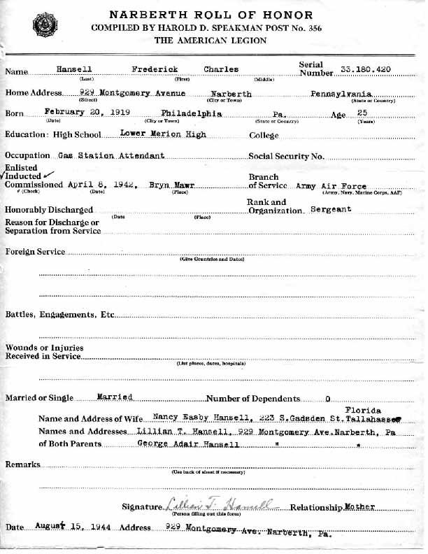 Roll of honor form for Frederick Hansell