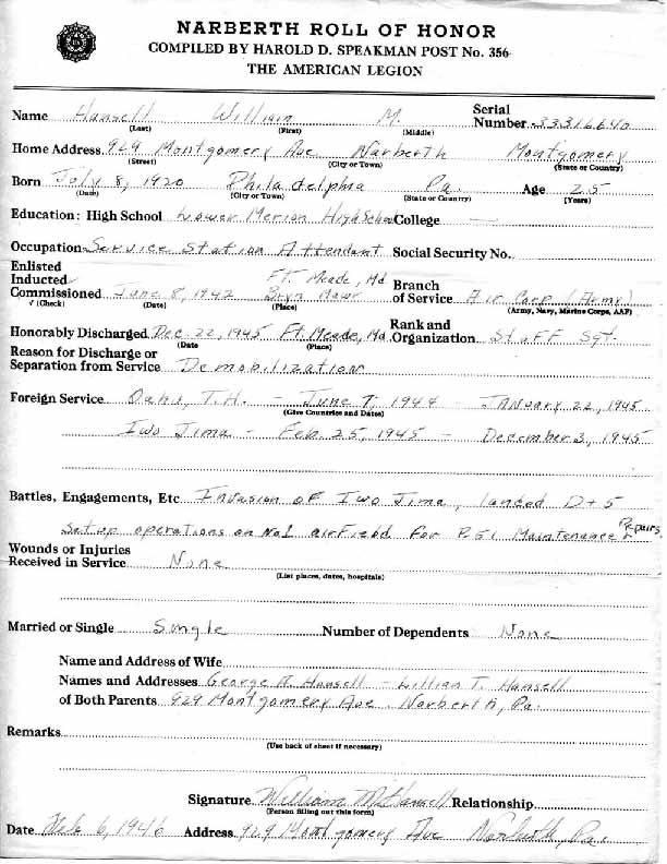 Roll of honor form for William Hansell