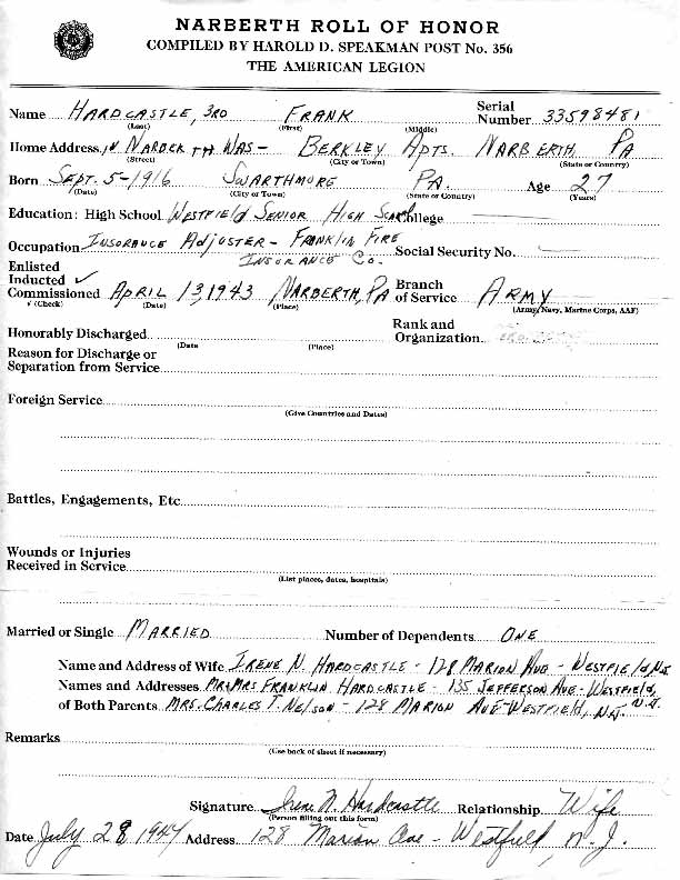 Roll of honor form for Frank Hardcastle