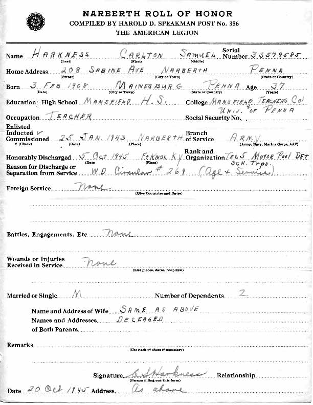 Roll of honor form for Carlton Harkness