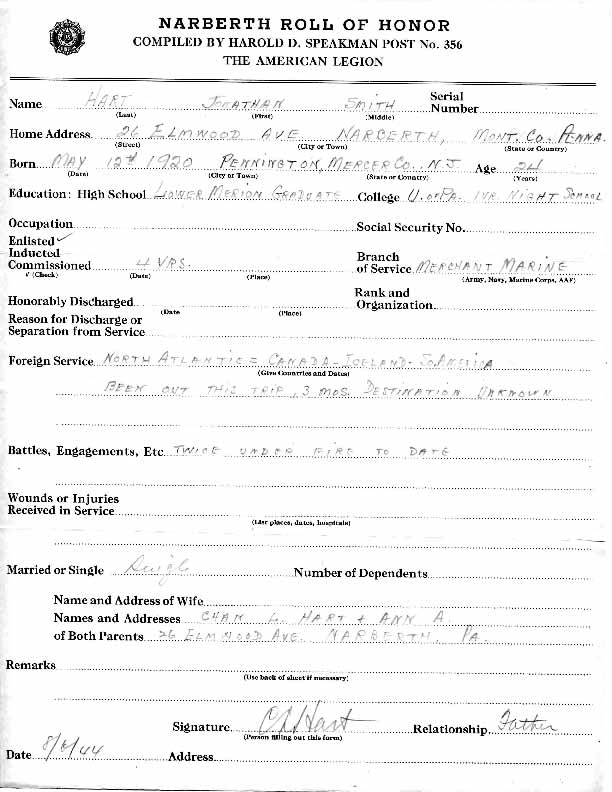 Roll of honor form for Jonathan Hart