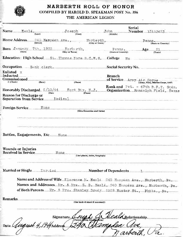 Roll of honor form for Joseph Heald