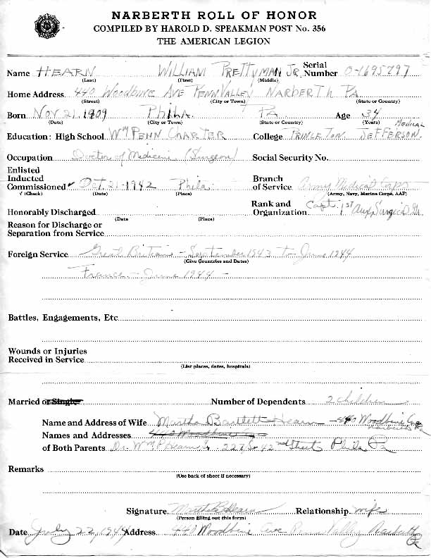 Roll of honor form for William Hearn