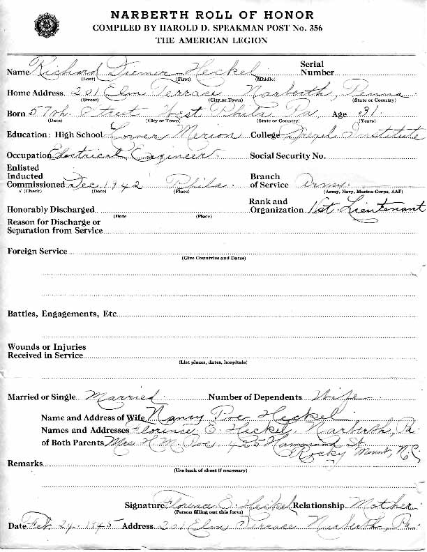 Roll of honor form for Richard Heckel