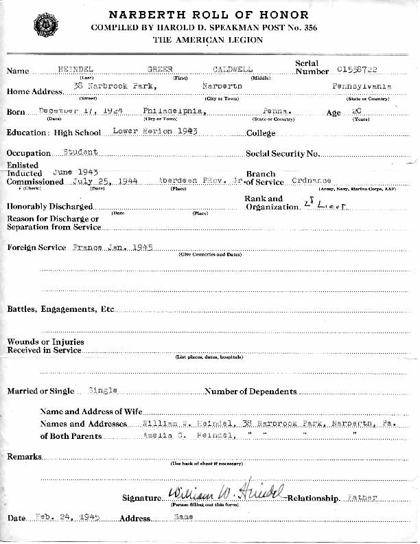 Roll of honor form for Greer Heindel