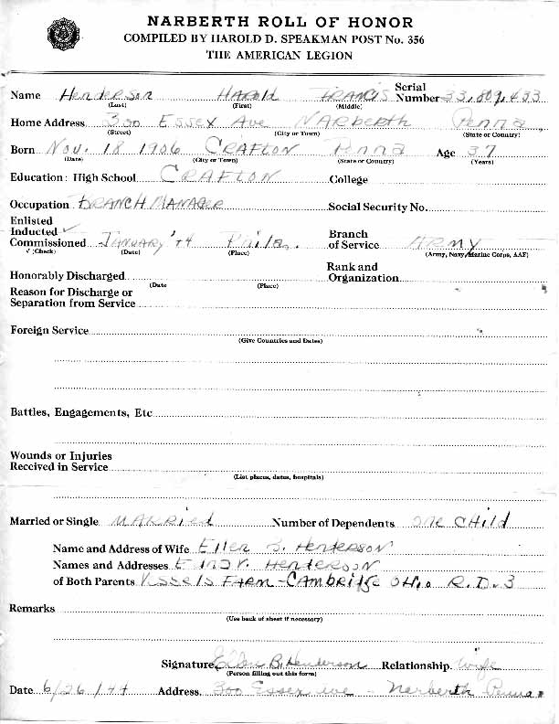 Roll of honor form for Harold Henderson