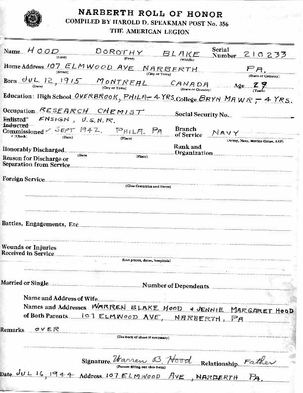 Roll of honor form for Dorothy Hood, front
