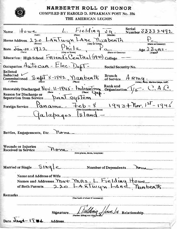 Roll of honor form for L Howe