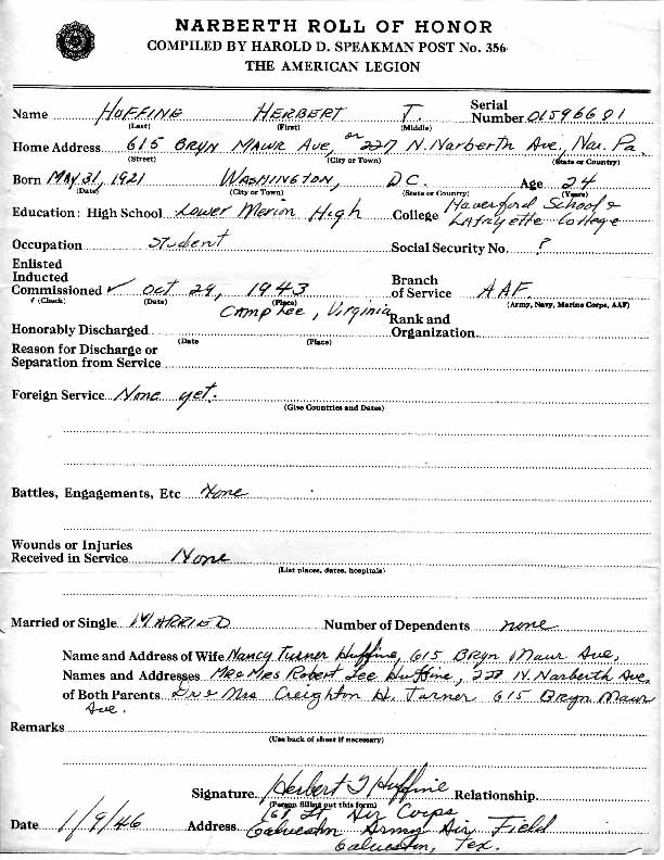 Roll of honor form for Herbert Huffine
