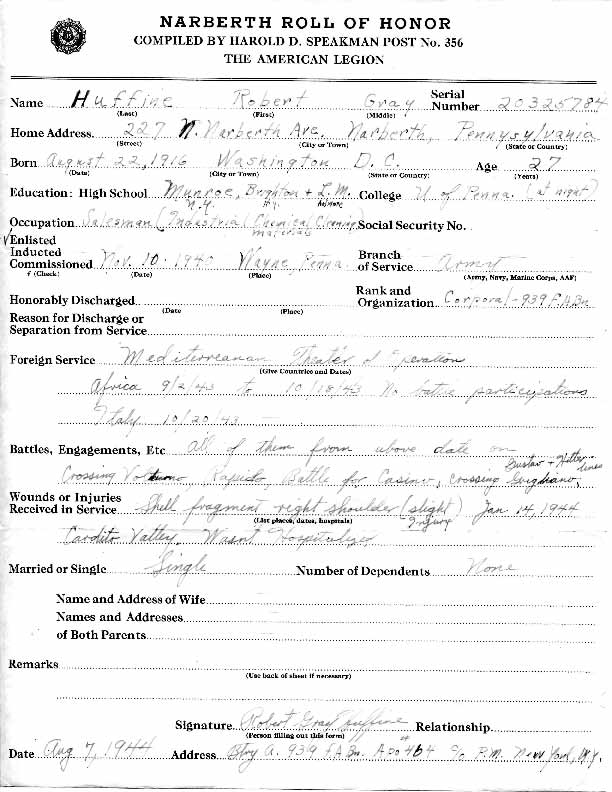 Roll of honor form for Robert Huffine