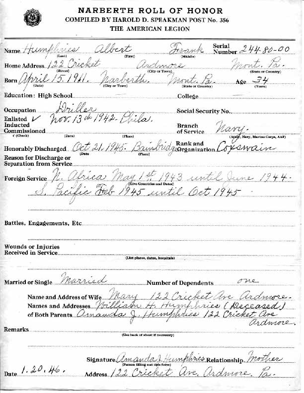 Roll of honor form for Albert Humphries