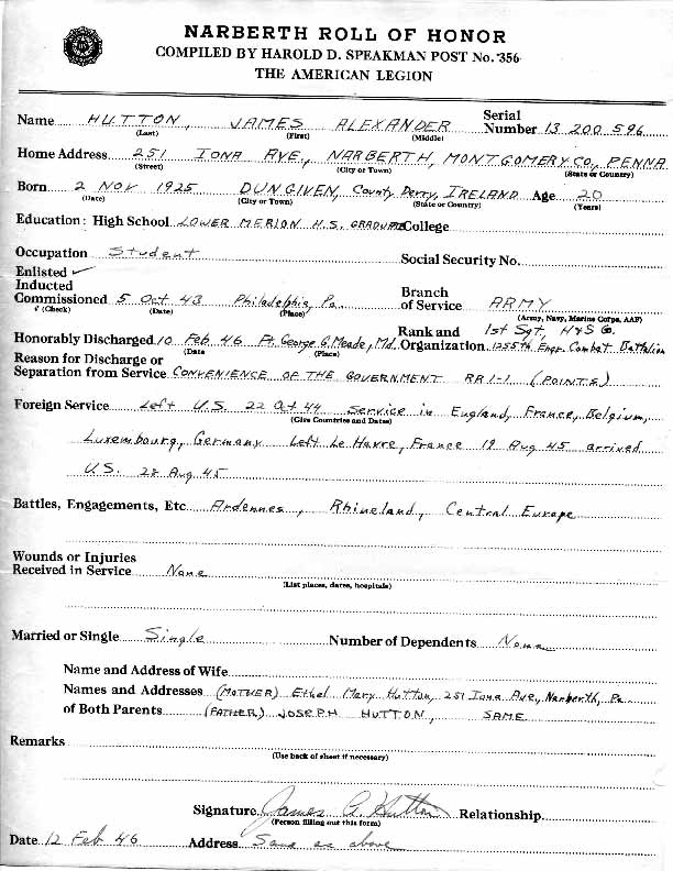 Roll of honor form for James Hutton