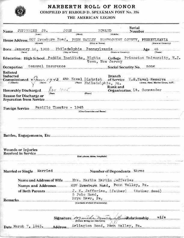 Roll of honor form for John Jefferies
