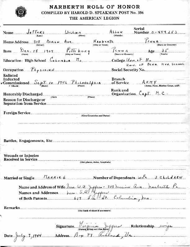Roll of honor form for William Jeffers